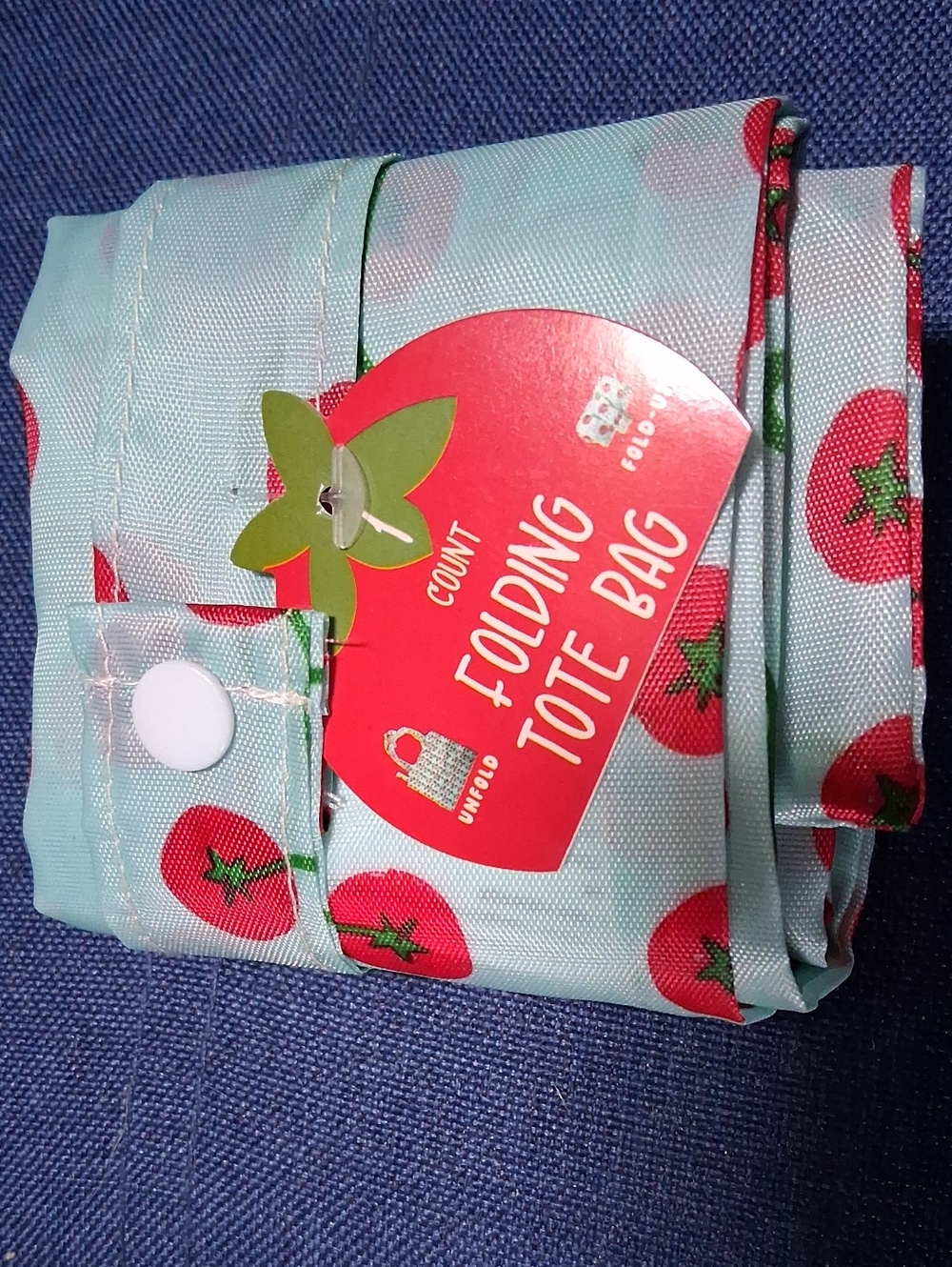 Foldable Tote Bag with Red Tomato Print on Light Aqua